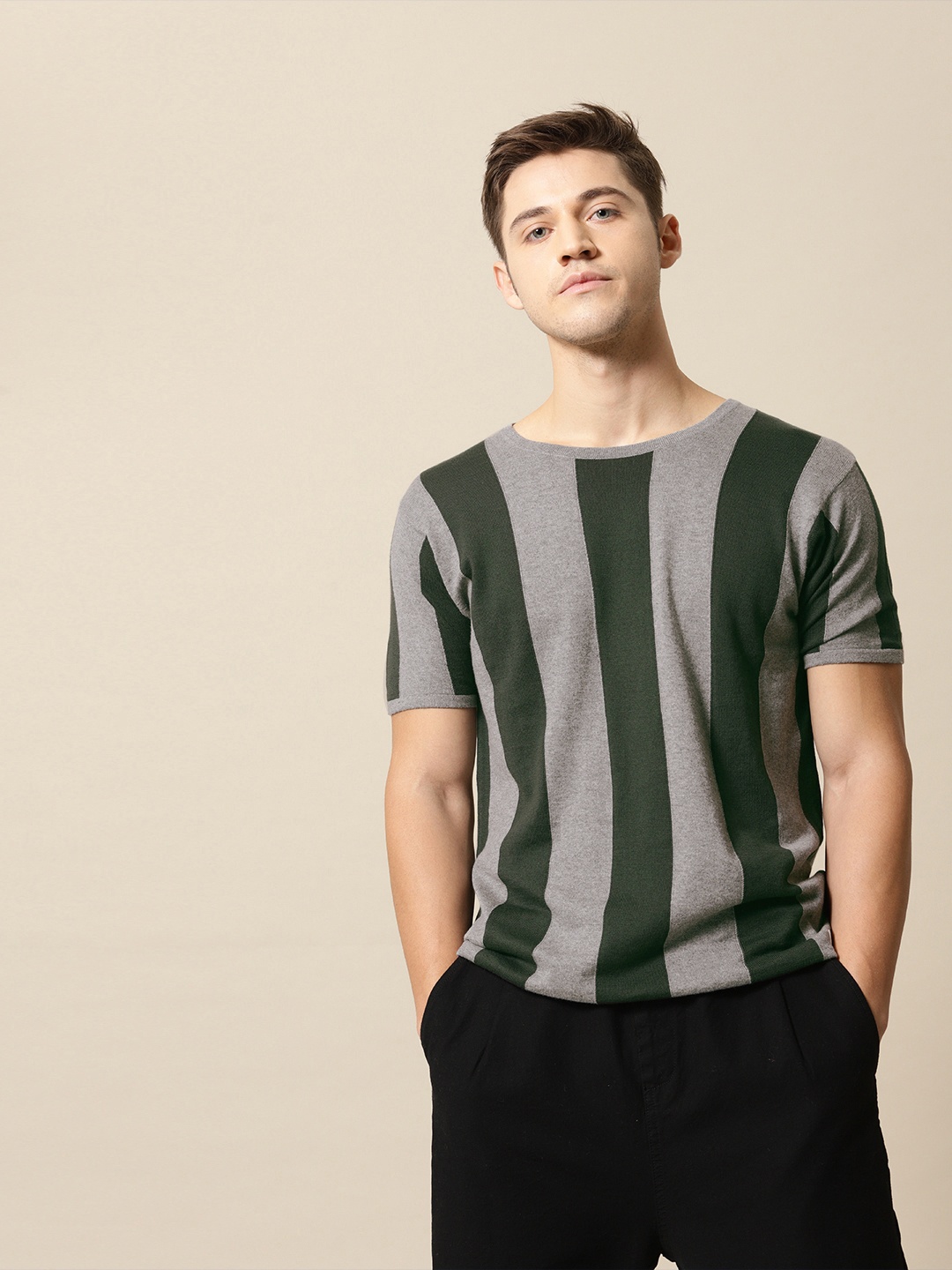 

Mr Bowerbird Men Green Grey Bold Striped Tailored Fit Round Neck Pure Cotton T-shirt
