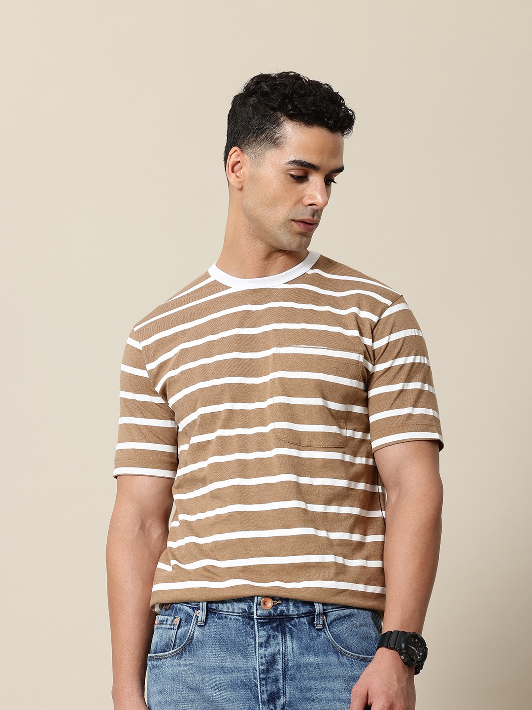 

Mr Bowerbird Striped Liberal Fit Round Neck Pure Cotton T-shirt, Brown