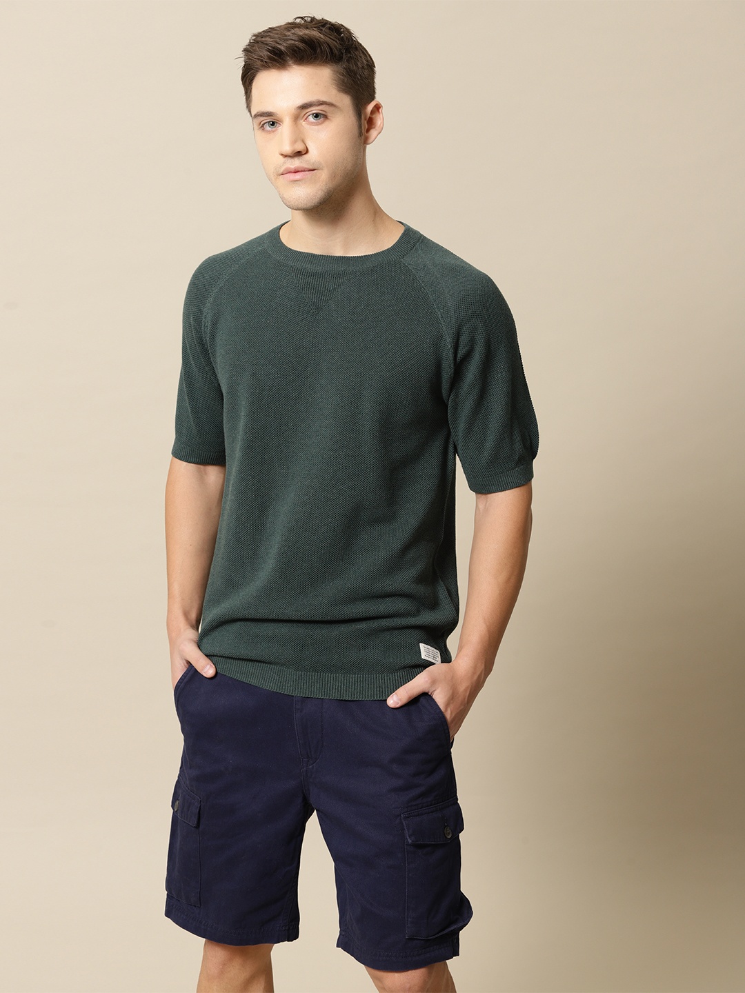 

Mr Bowerbird Men Green Solid Tailored Fit Round Neck Sweater Pure Cotton T-shirt