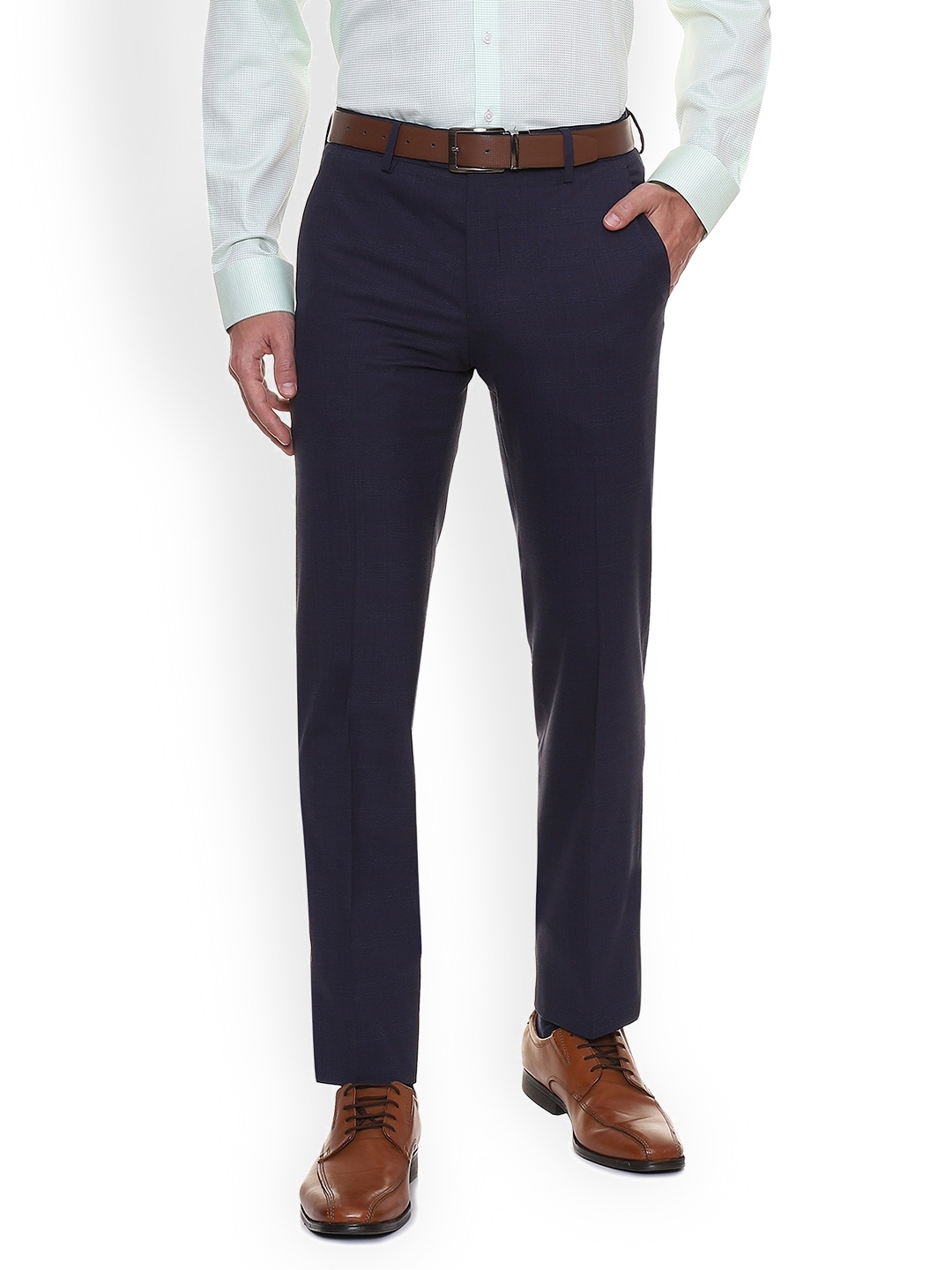 

Van Heusen Men Navy Blue Slim Fit Self Design Formal Trousers