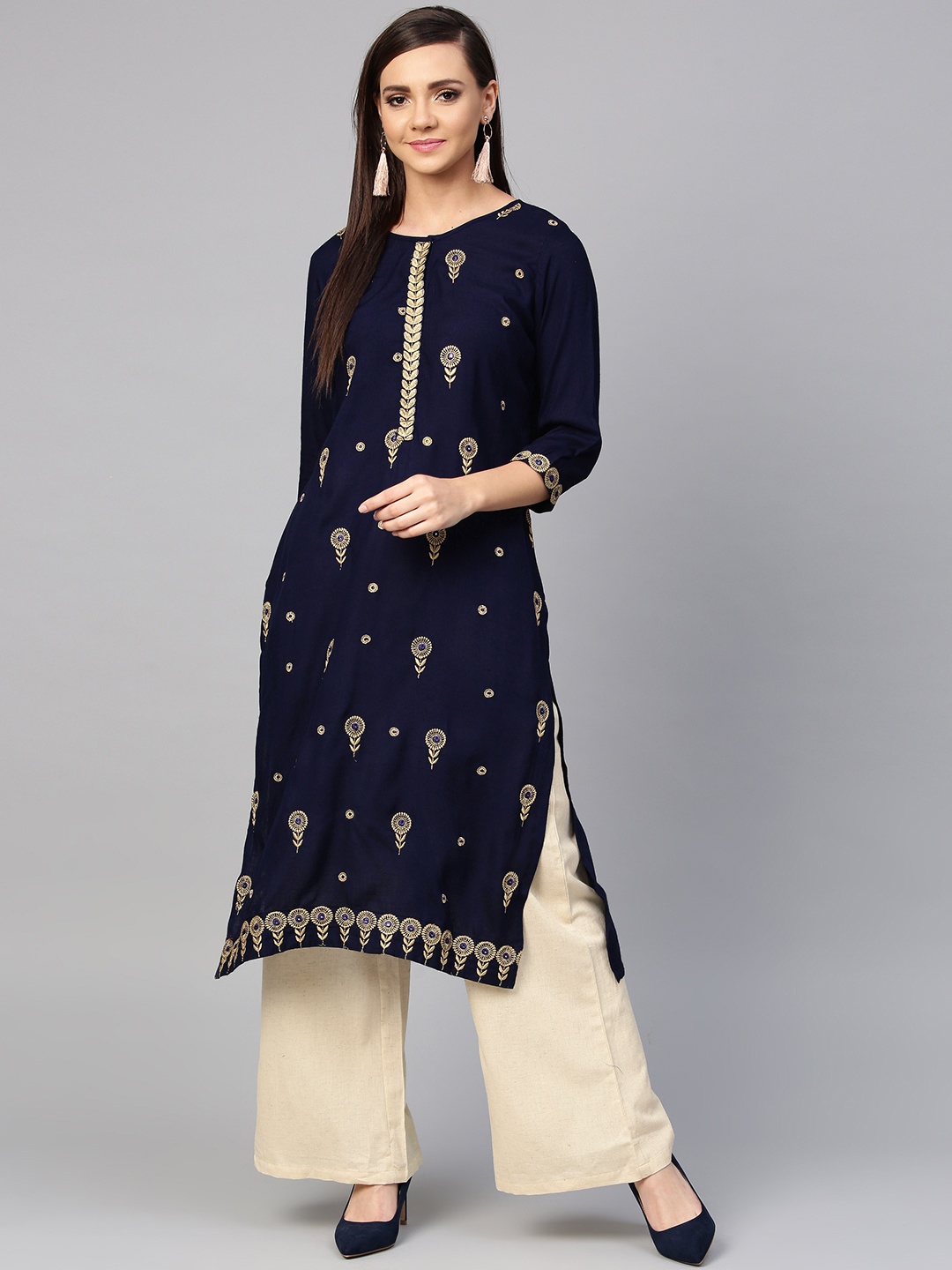 

ANAISA Women Navy Blue & Off-White Embroidered Kurta with Palazzos
