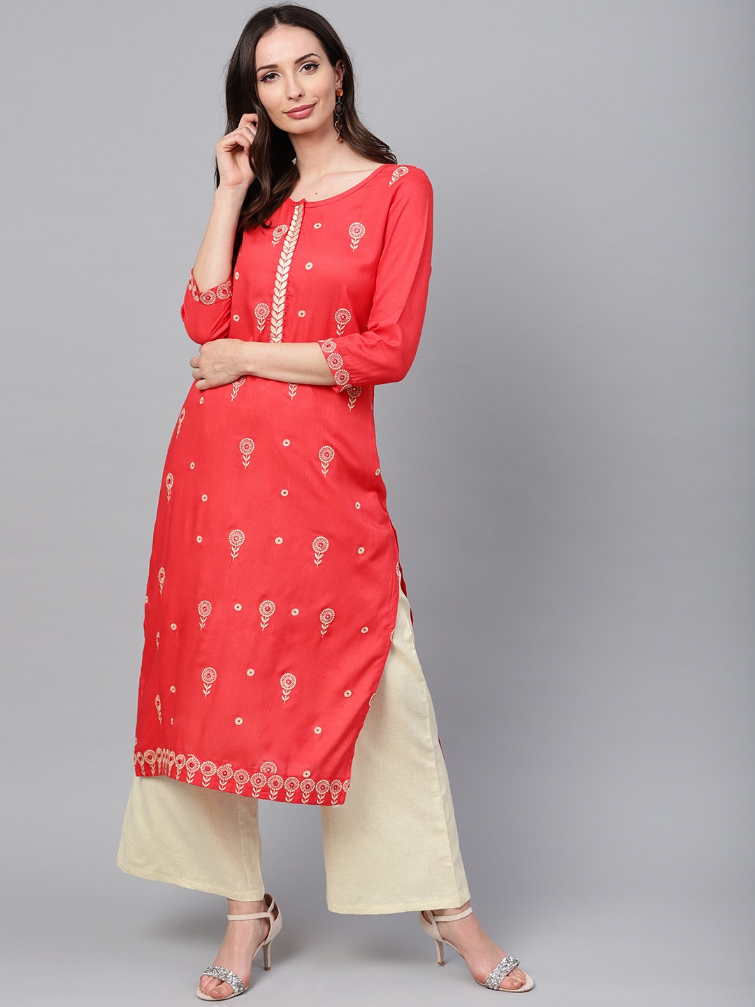 

ANAISA Women Coral Orange & Beige Embroidered Kurta with Palazzos