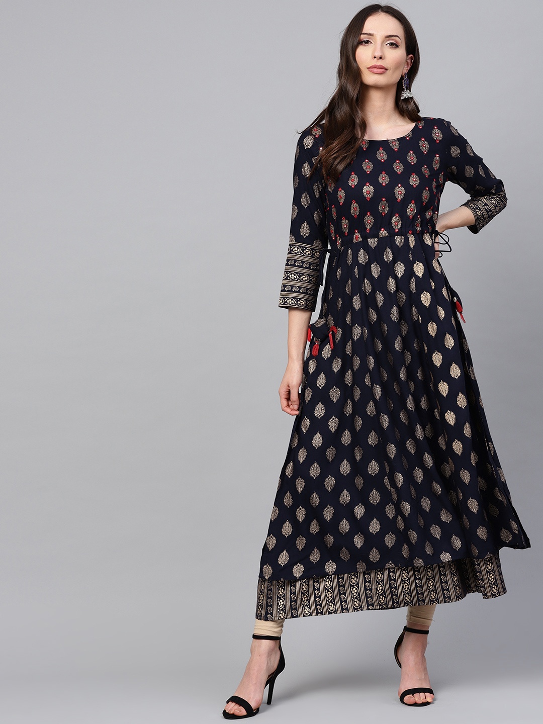

ANAISA Women Navy Blue & Golden Printed A-Line Layered Kurta
