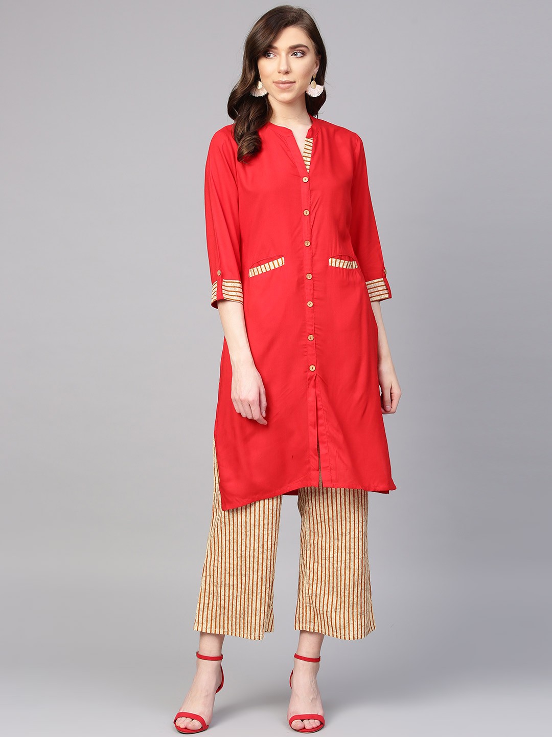 

ANAISA Women Red & Beige Solid Kurta with Palazzos