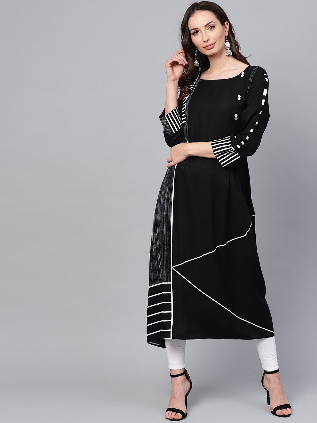 

ANAISA Women Black & White Printed A-Line Kurta