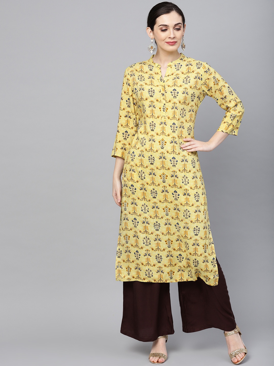 

ANAISA Women Yellow & Coffee Brown Printed Kurta with Palazzos