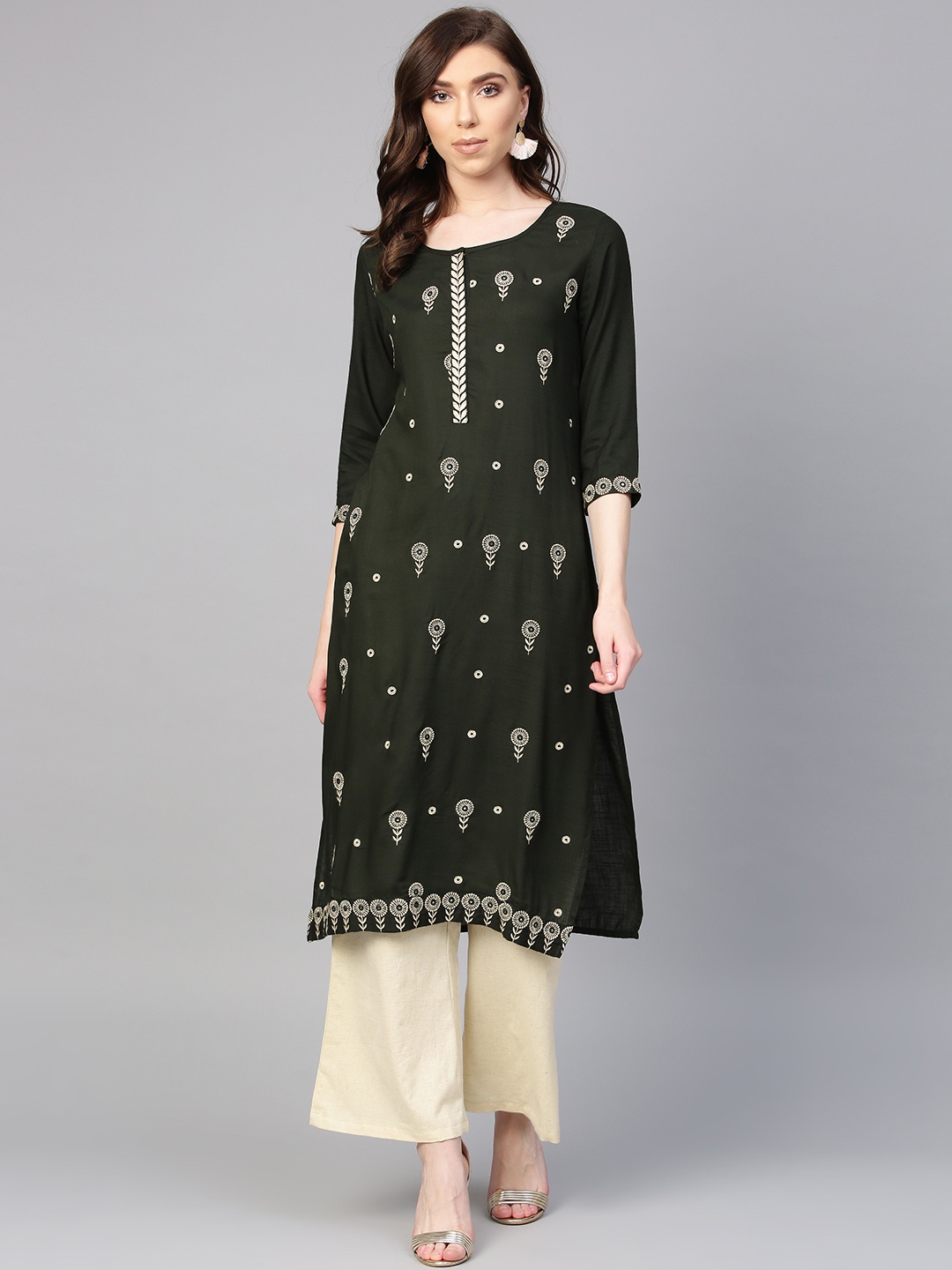 

ANAISA Women Olive Green & Beige Embroidered Kurta with Palazzos