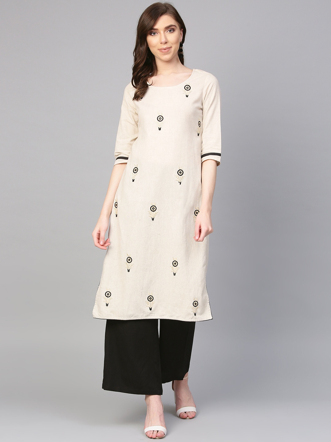 

ANAISA Women Off-White & Black Embroidered Kurta with Palazzos