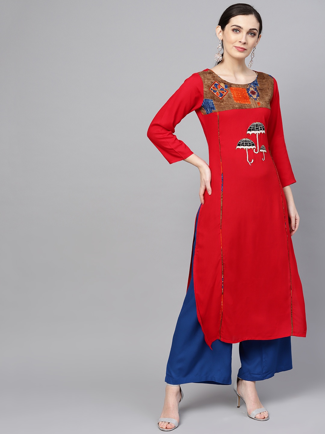 

ANAISA Women Red & Blue Yoke Design Kurta with Palazzos