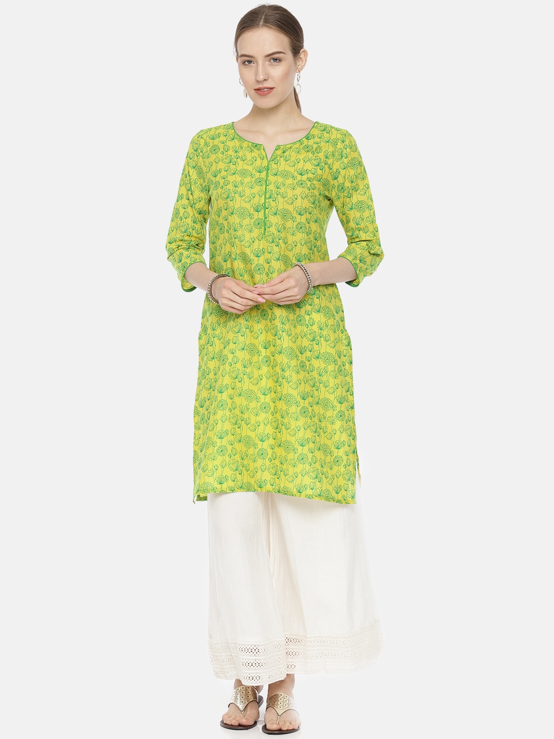 

Melange by Lifestyle Women Lime Green Printed Straight Kurta