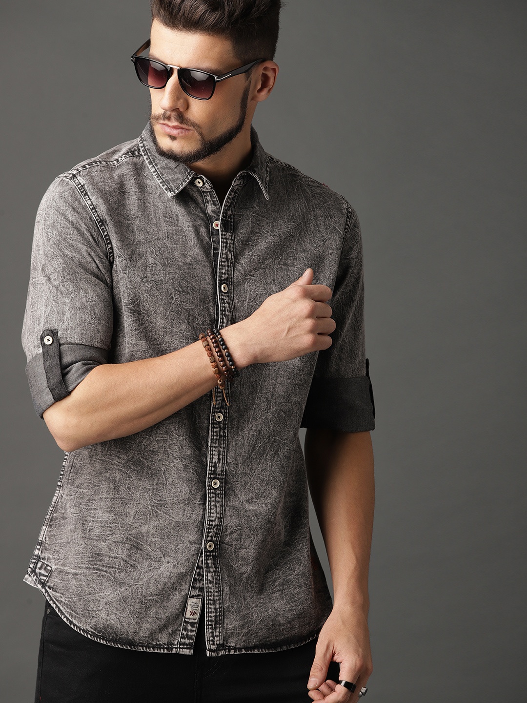 

Roadster Men Grey Faded Denim Casual Shirt