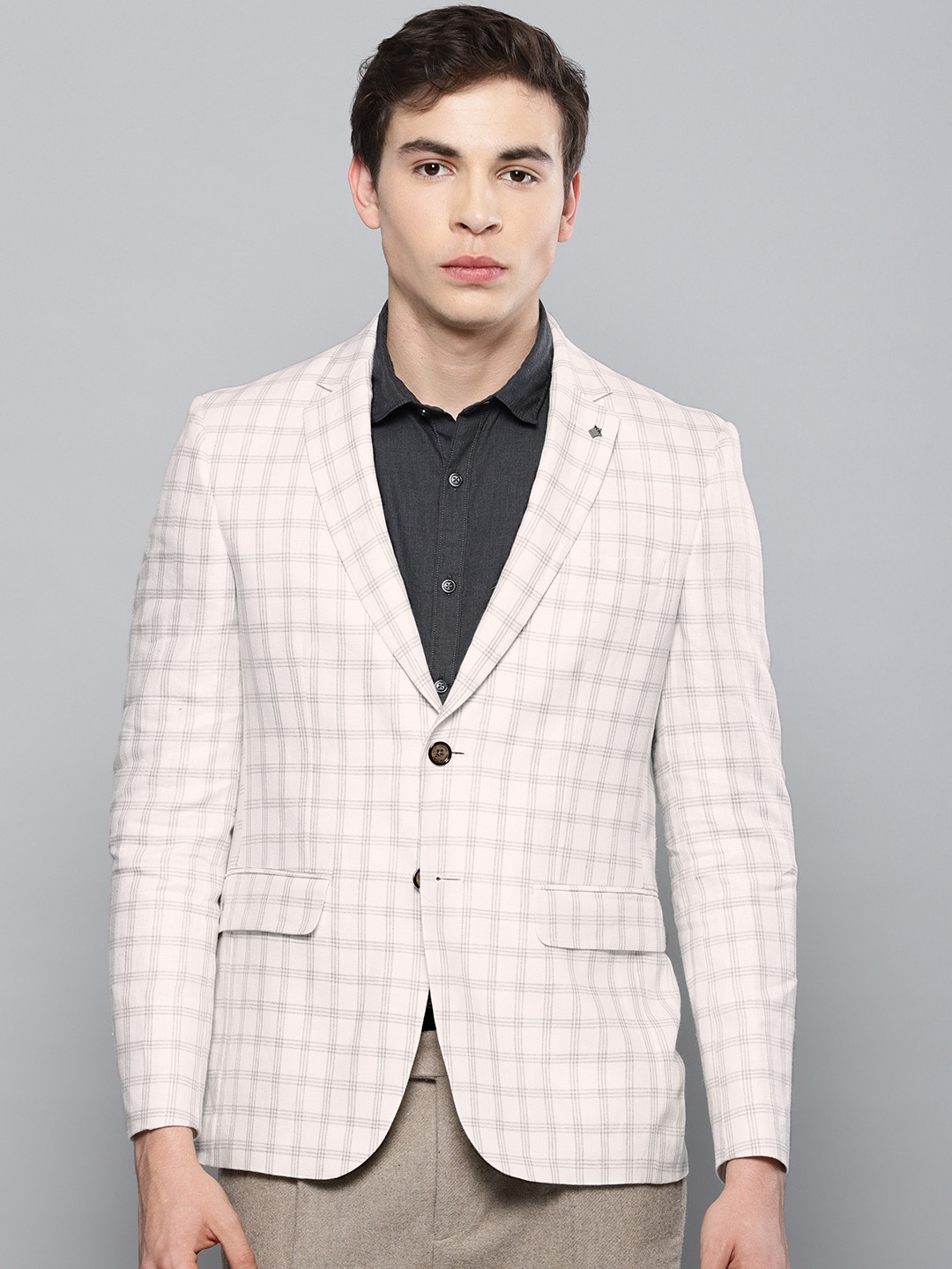 

Louis Philippe Men Off-White & Grey Checked Slim Fit Single-Breasted Linen Casual Blazer
