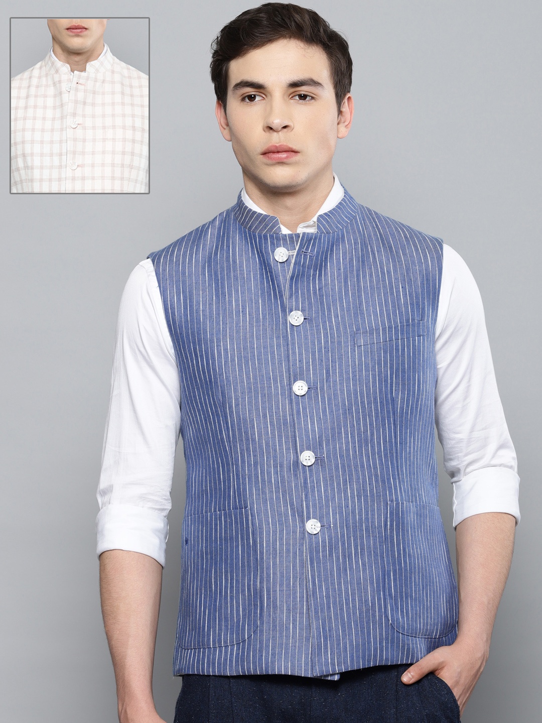 

Louis Philippe Men Blue Reversible Linen Nehru Jacket
