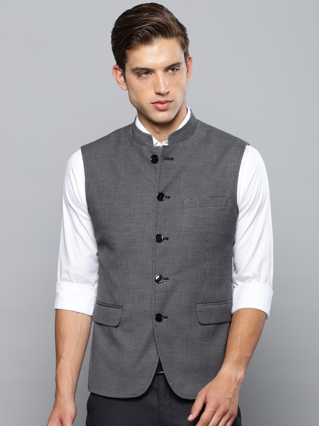 

Louis Philippe Men Black Slim Fit Self-Design Nehru Jacket