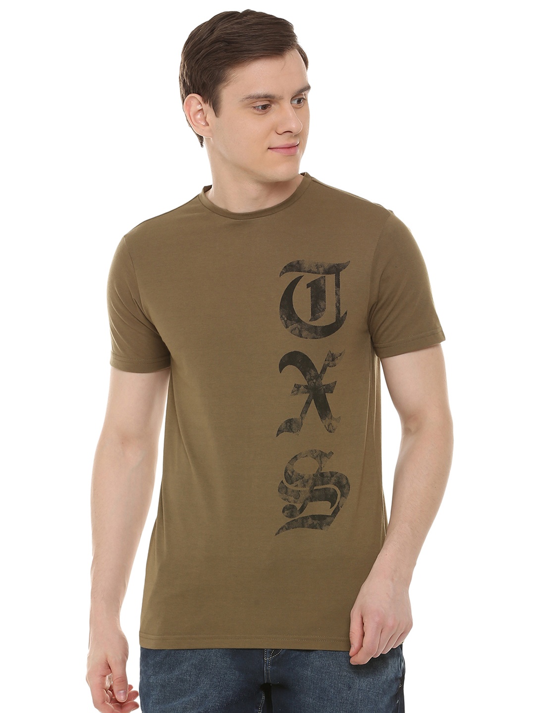 

People Men Brown Printed Round Neck T-shirt