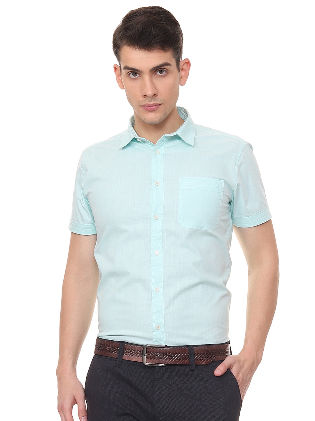 

People Men Sea Green Slim Fit Solid Casual Shirt