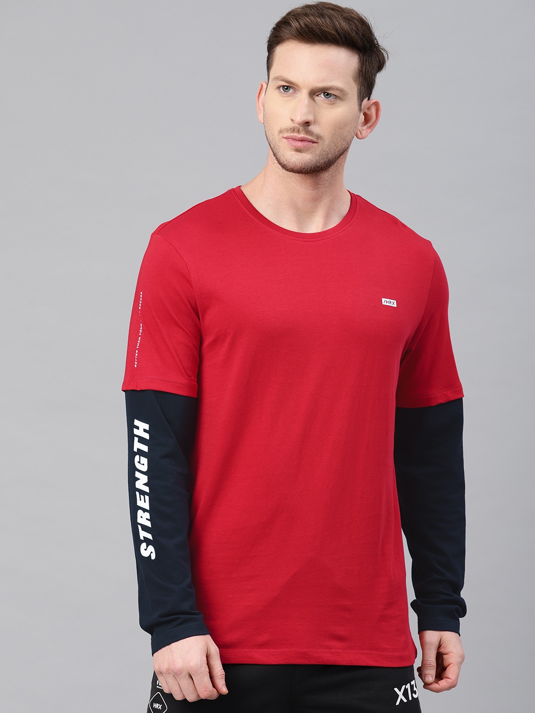 

HRX by Hrithik Roshan Men Red Black Solid Round Neck Pure Cotton T-shirt