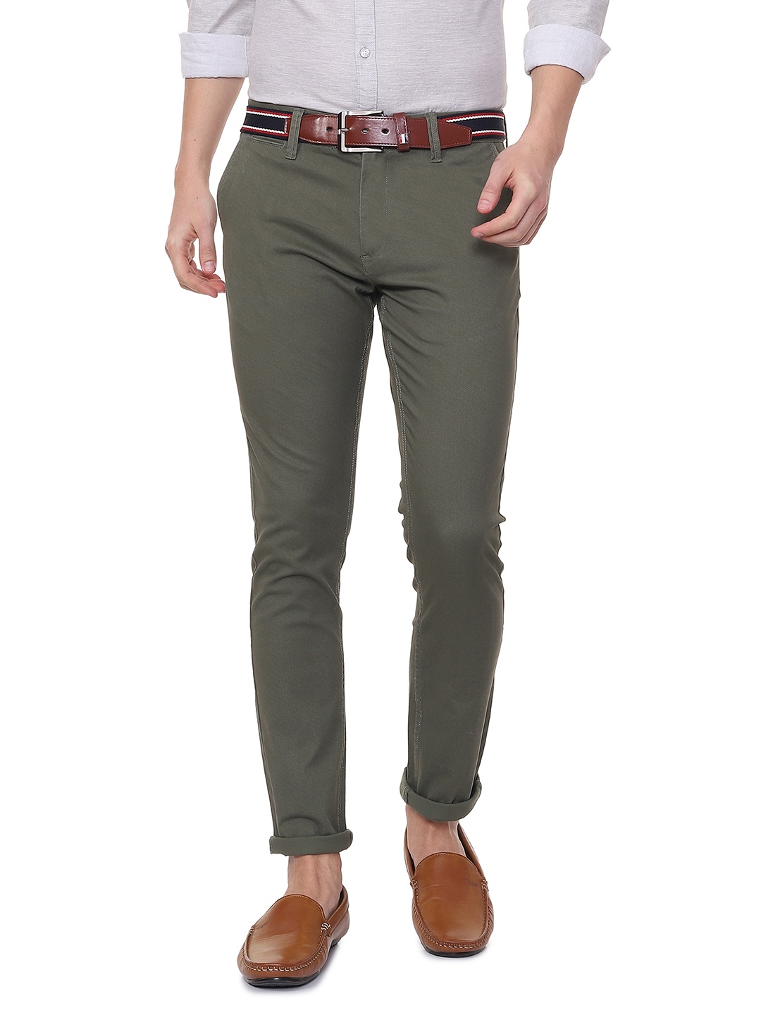 

People Men Olive Green Slim Fit Solid Regular Trousers