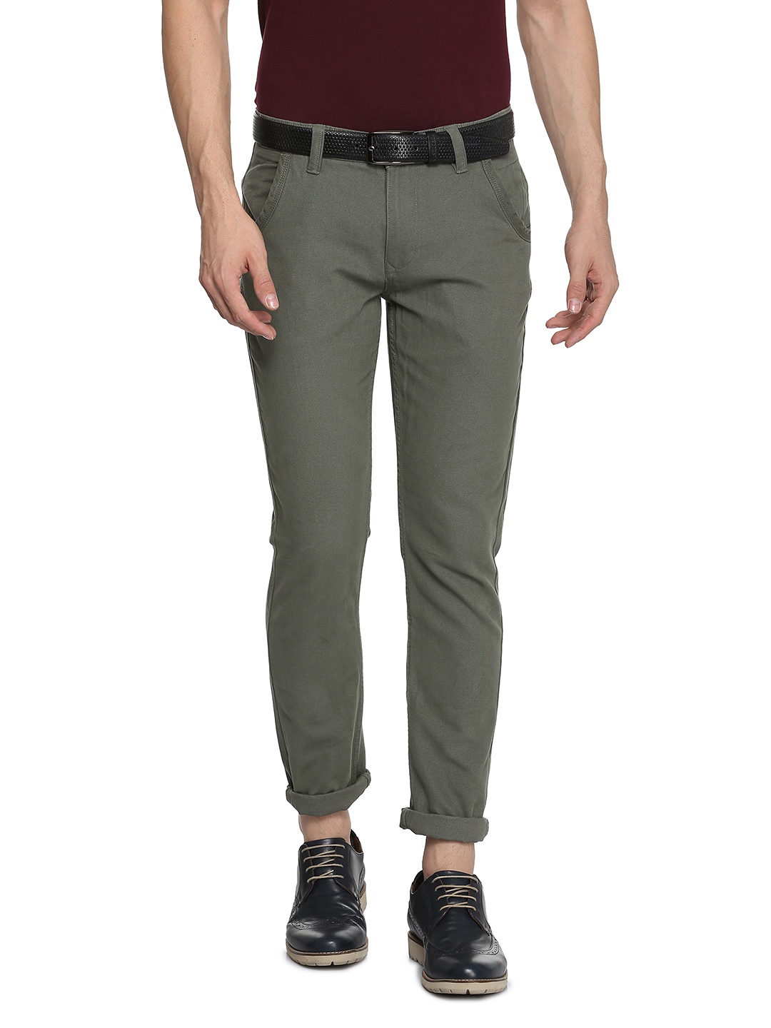 

People Men Olive Green Slim Fit Solid Regular Trousers