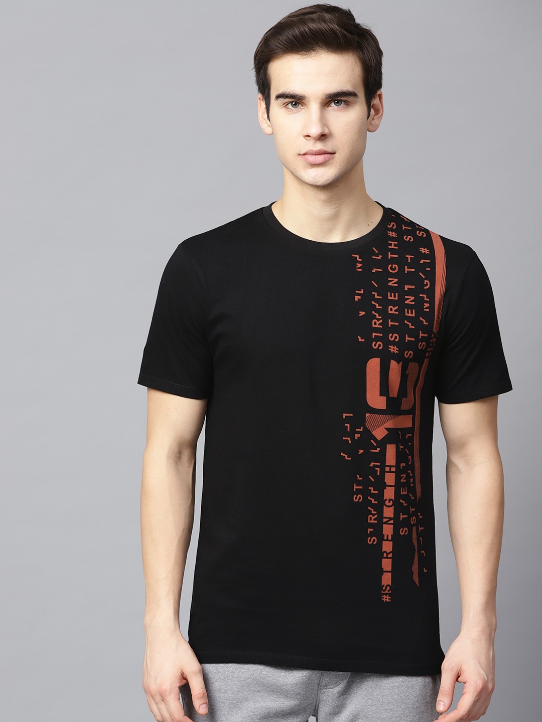 

HRX by Hrithik Roshan Men Black Rust Brown Graphic Print Crew Neck Pure Cotton T-shirt
