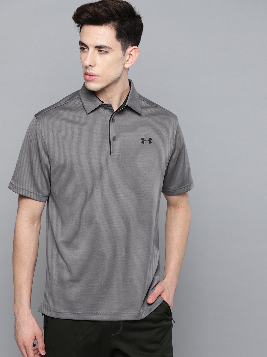 

UNDER ARMOUR Men Charcoal Grey Self-Striped Tech Polo T-shirt