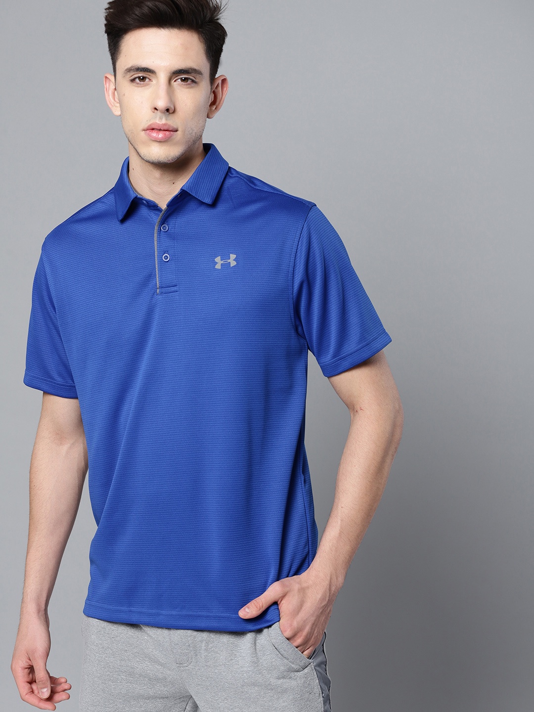 

UNDER ARMOUR Men Blue Self-Striped Tech Polo T-shirt