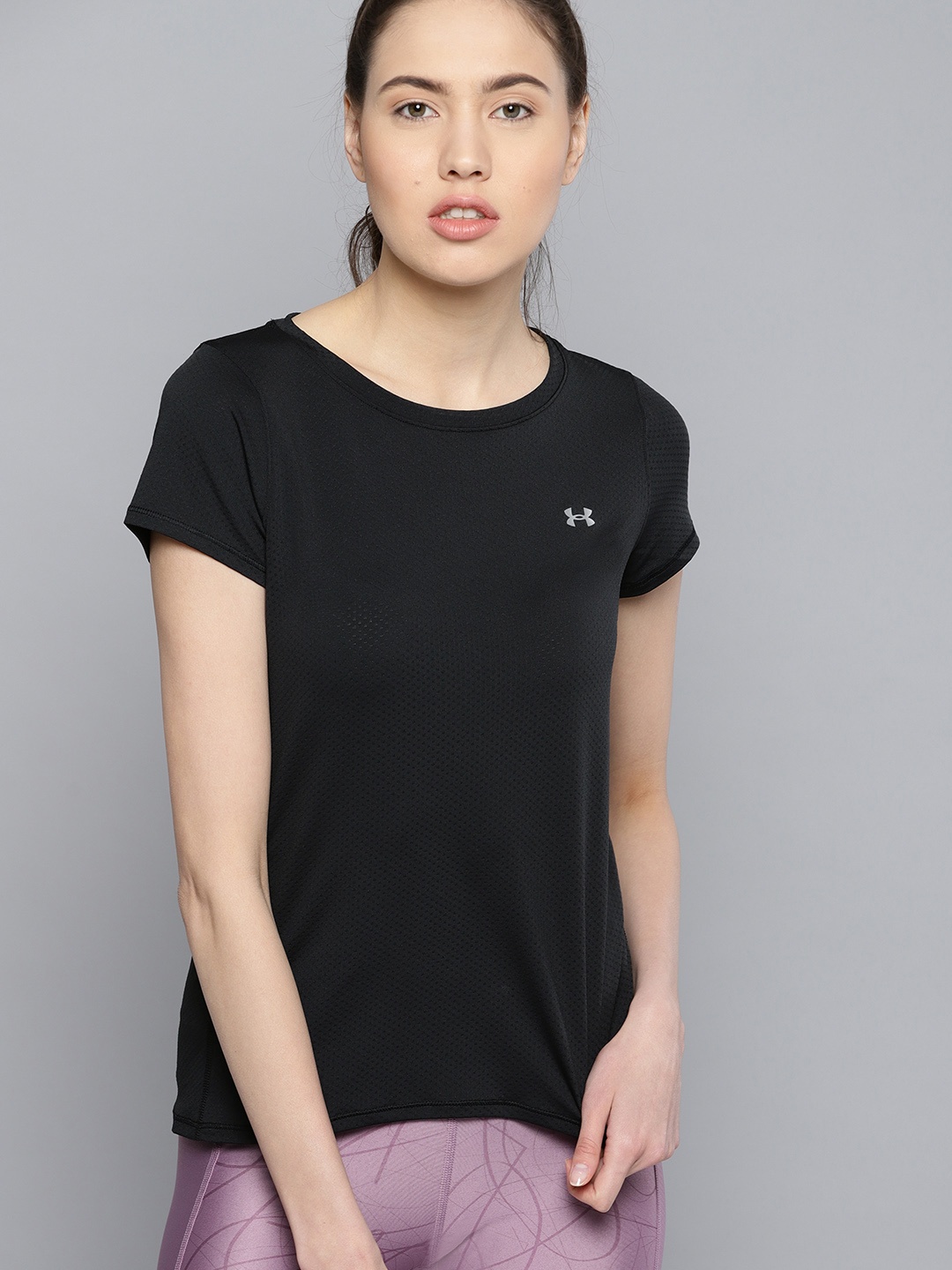 

UNDER ARMOUR Women Black HeatGear Armour Self Design T-shirt