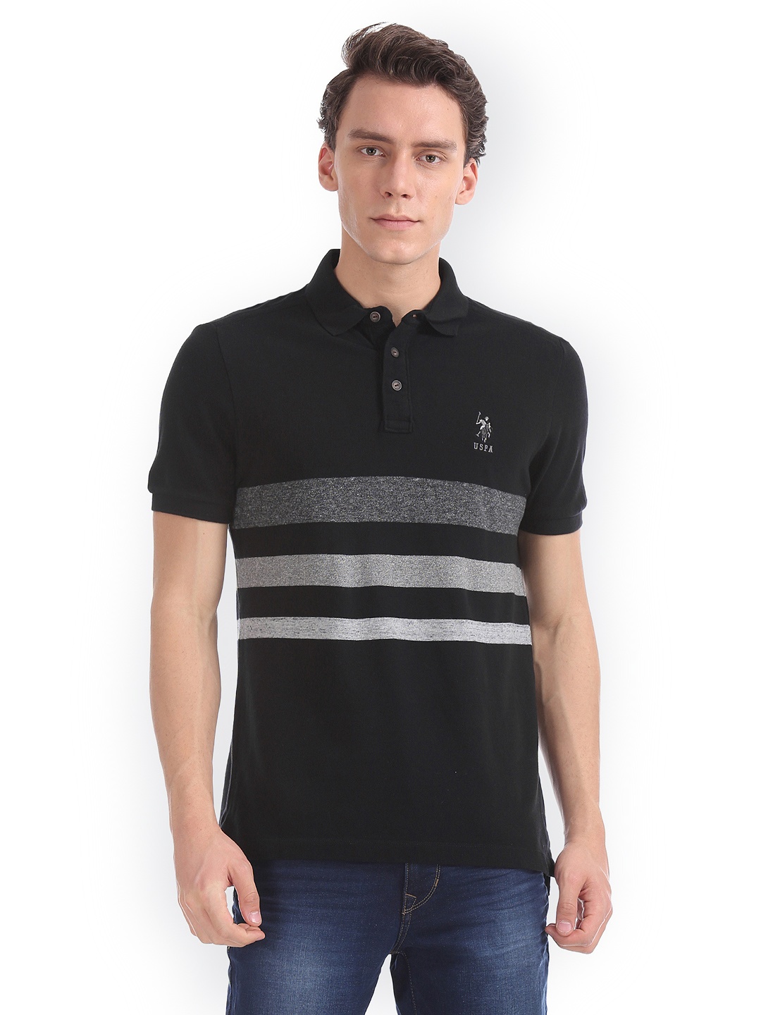 

U.S. Polo Assn. Denim Co. Men Black Grey Striped Round Neck Pure Cotton T-shirt