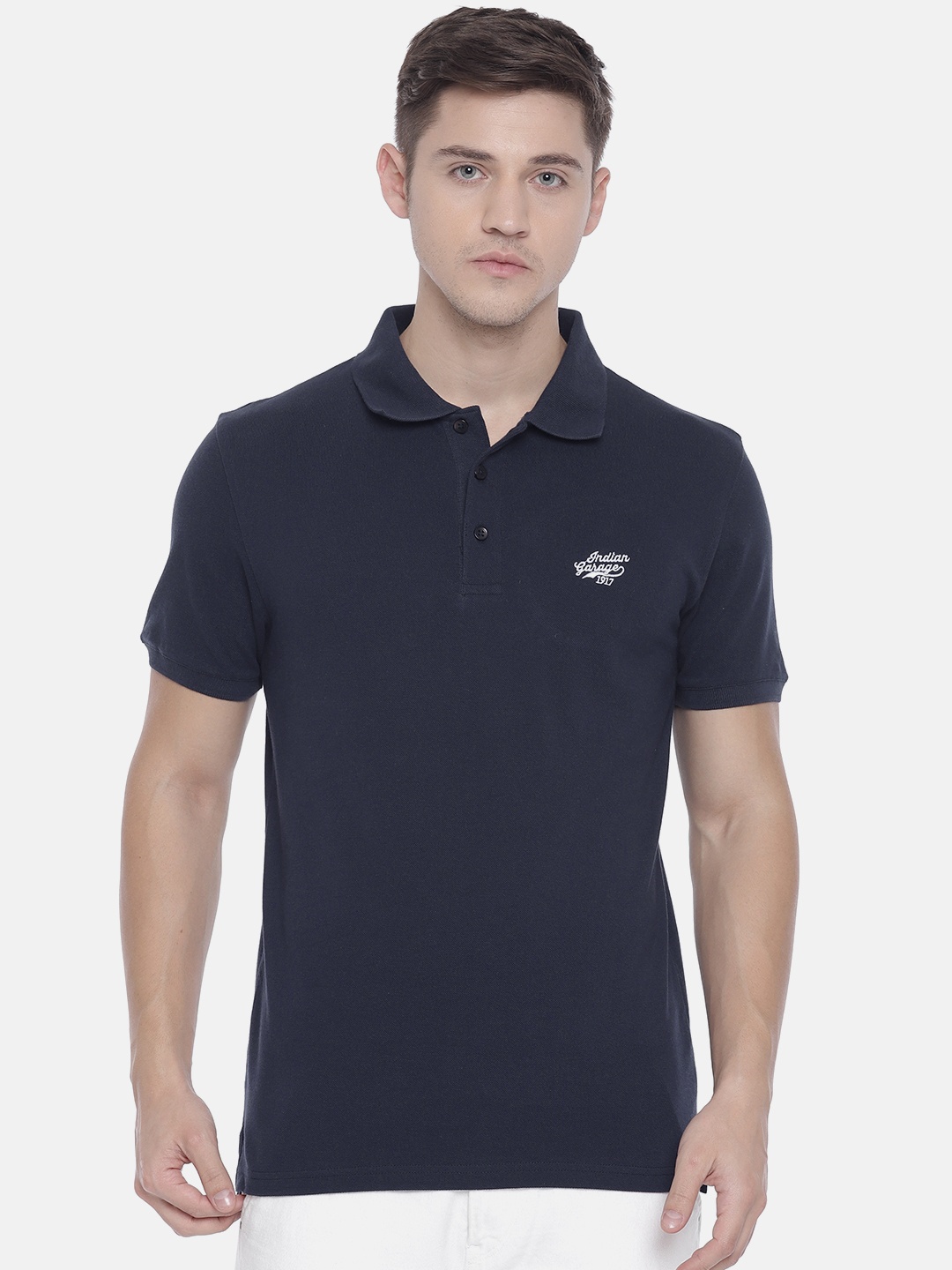 

The Indian Garage Co Men Navy Solid Polo Collar Pure Cotton T-shirt, Navy blue