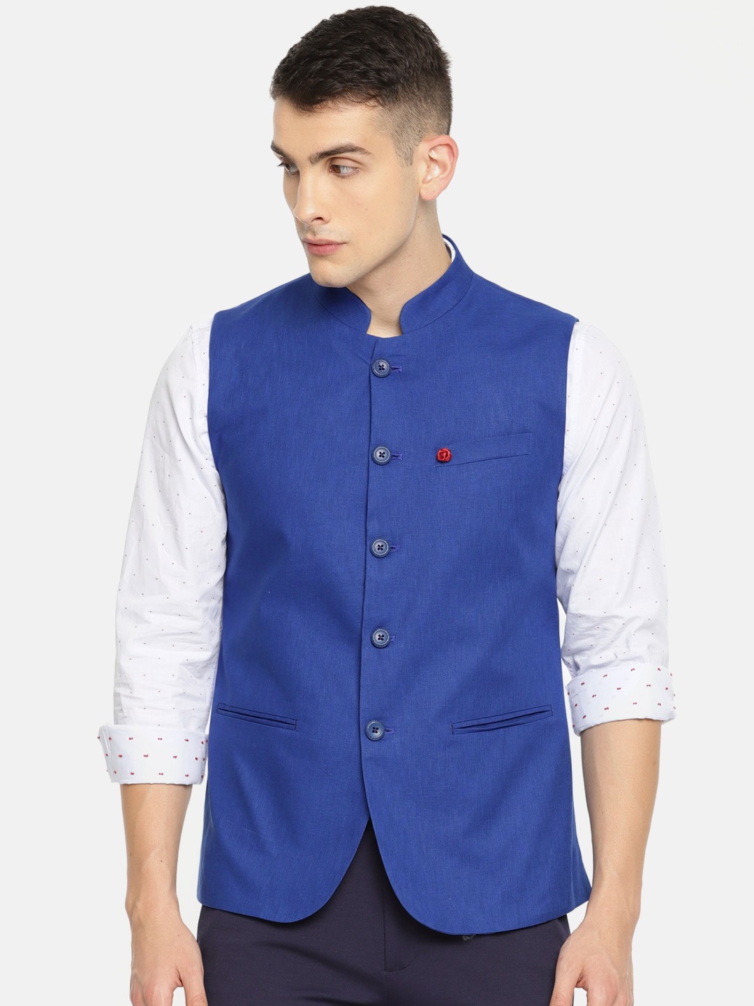 

The Indian Garage Co Blue Solid Pure Cotton Nehru Jacket