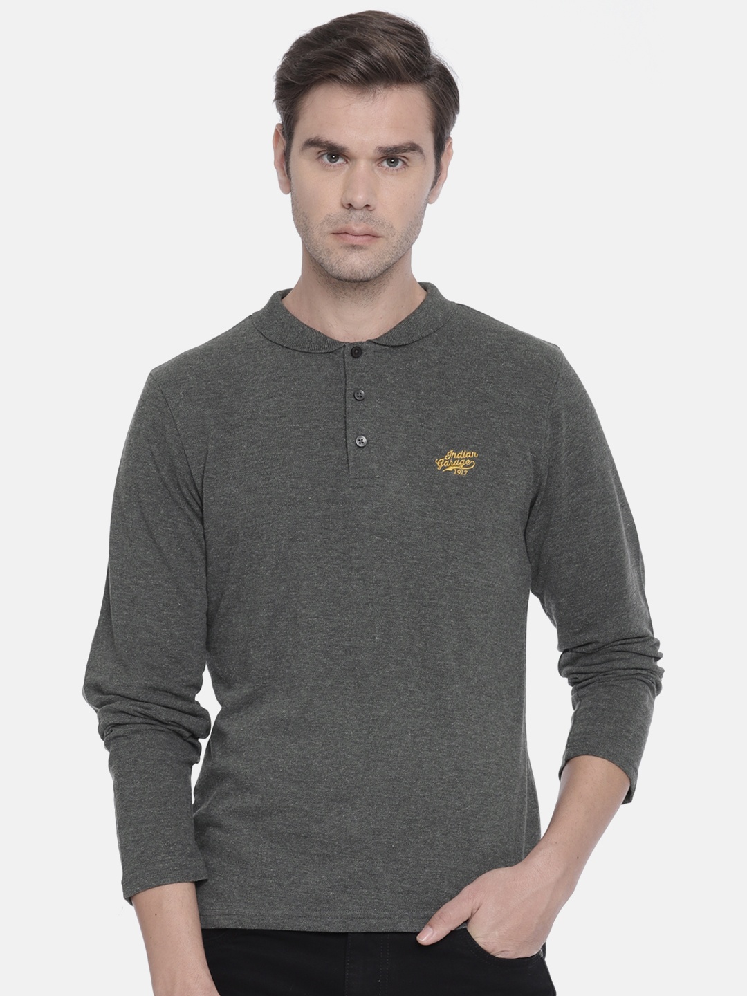 

The Indian Garage Co Men Charcoal Grey Solid Polo Collar Pure Cotton T-shirt