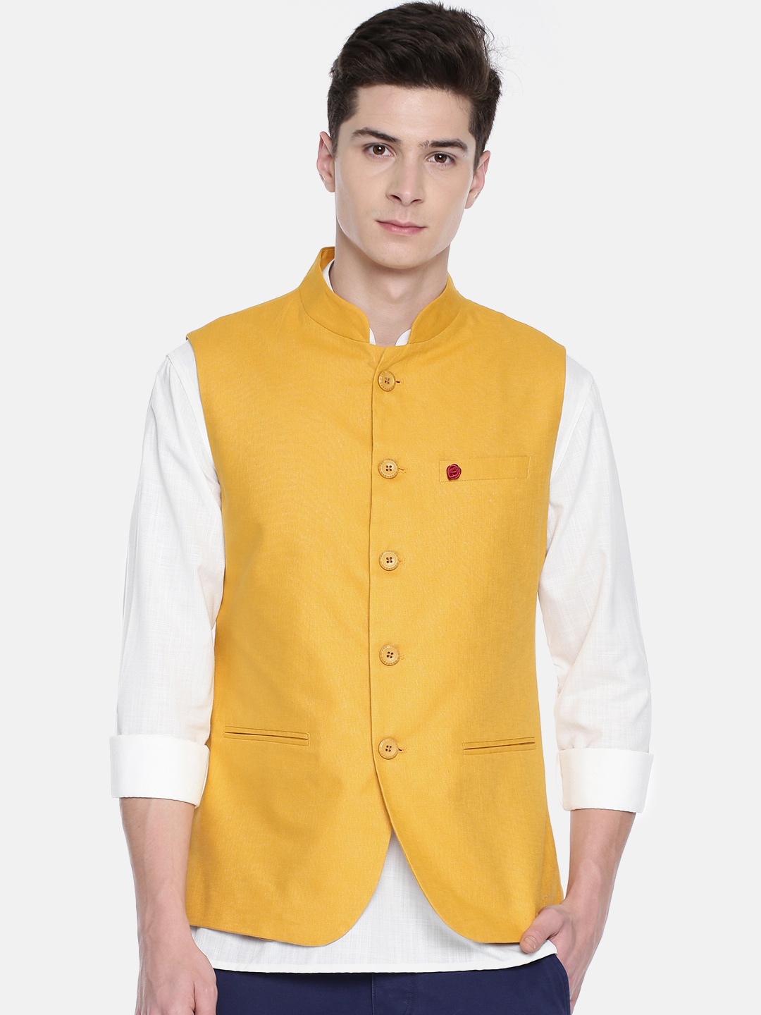 

The Indian Garage Co Men Mustard Yellow Solid Pure Cotton Nehru Jacket
