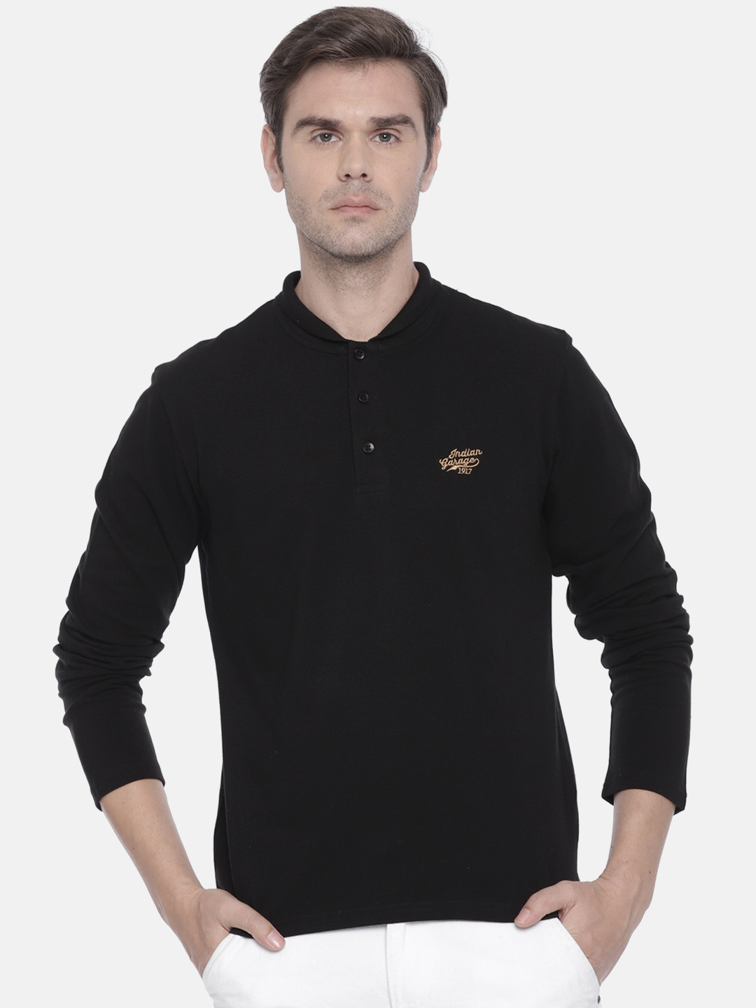 

The Indian Garage Co Men Black Solid Polo Collar Pure Cotton T-shirt
