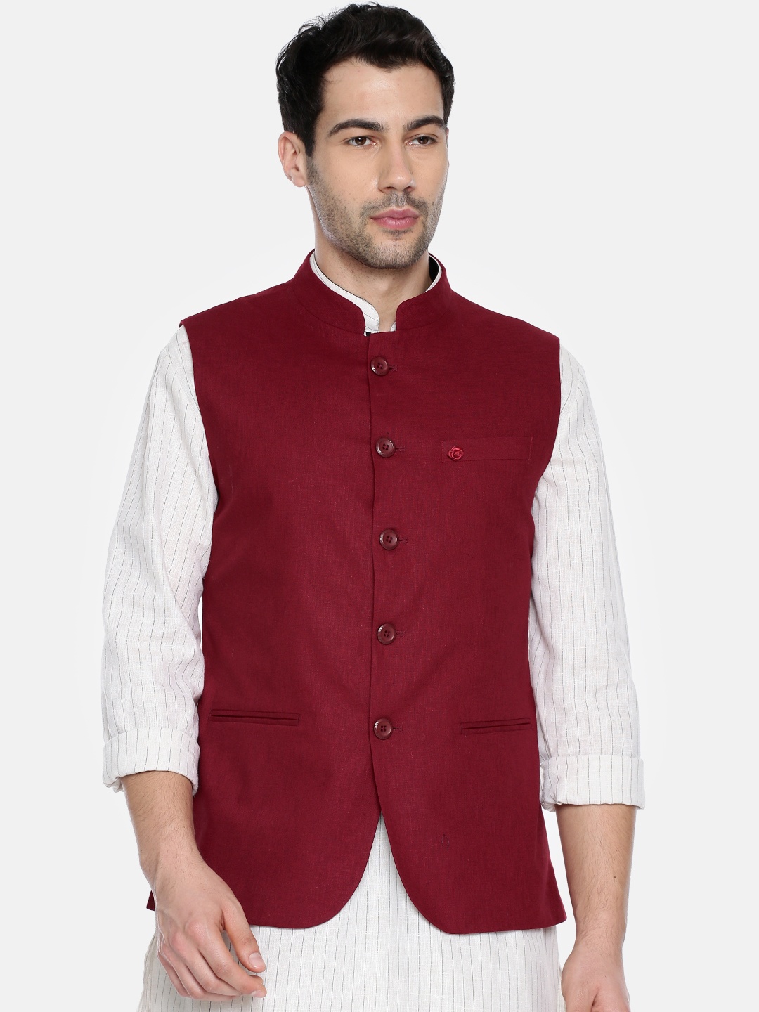 

The Indian Garage Co Maroon Solid Pure Cotton Nehru Jacket