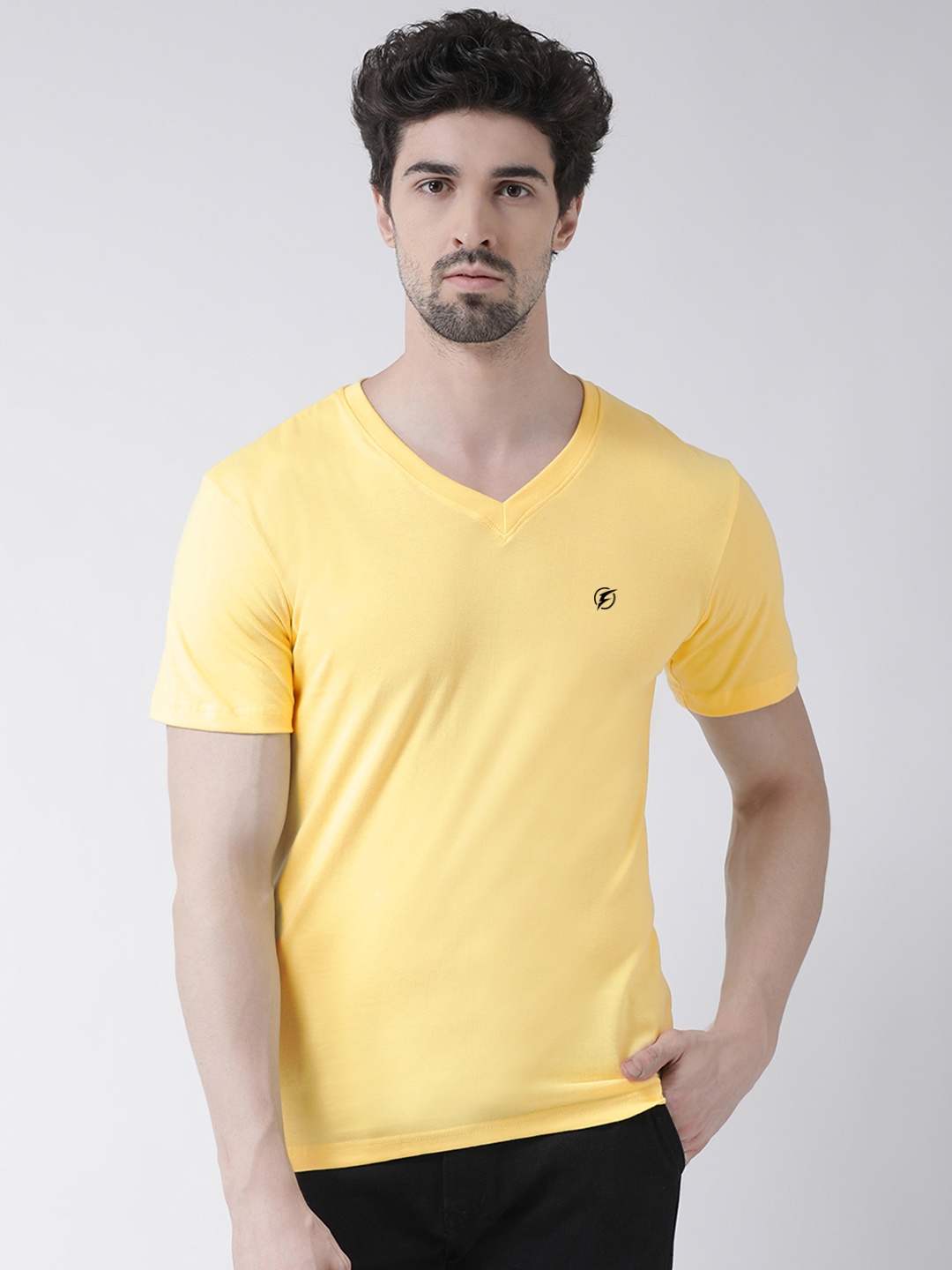 

Friskers Men Yellow Solid V-Neck Pure Cotton T-shirt