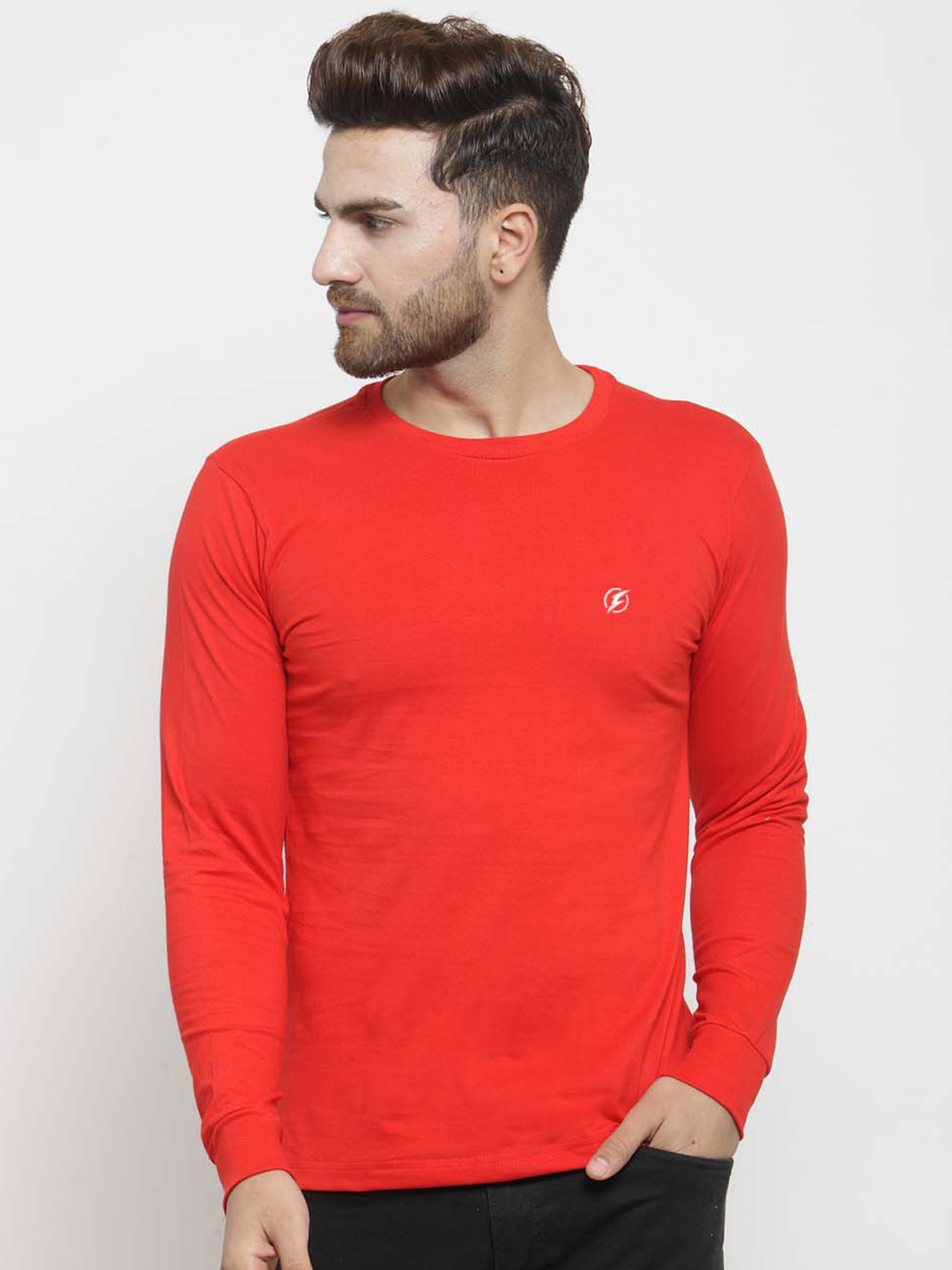 

Friskers Men Red Solid Round Neck Pure Cotton T-shirt