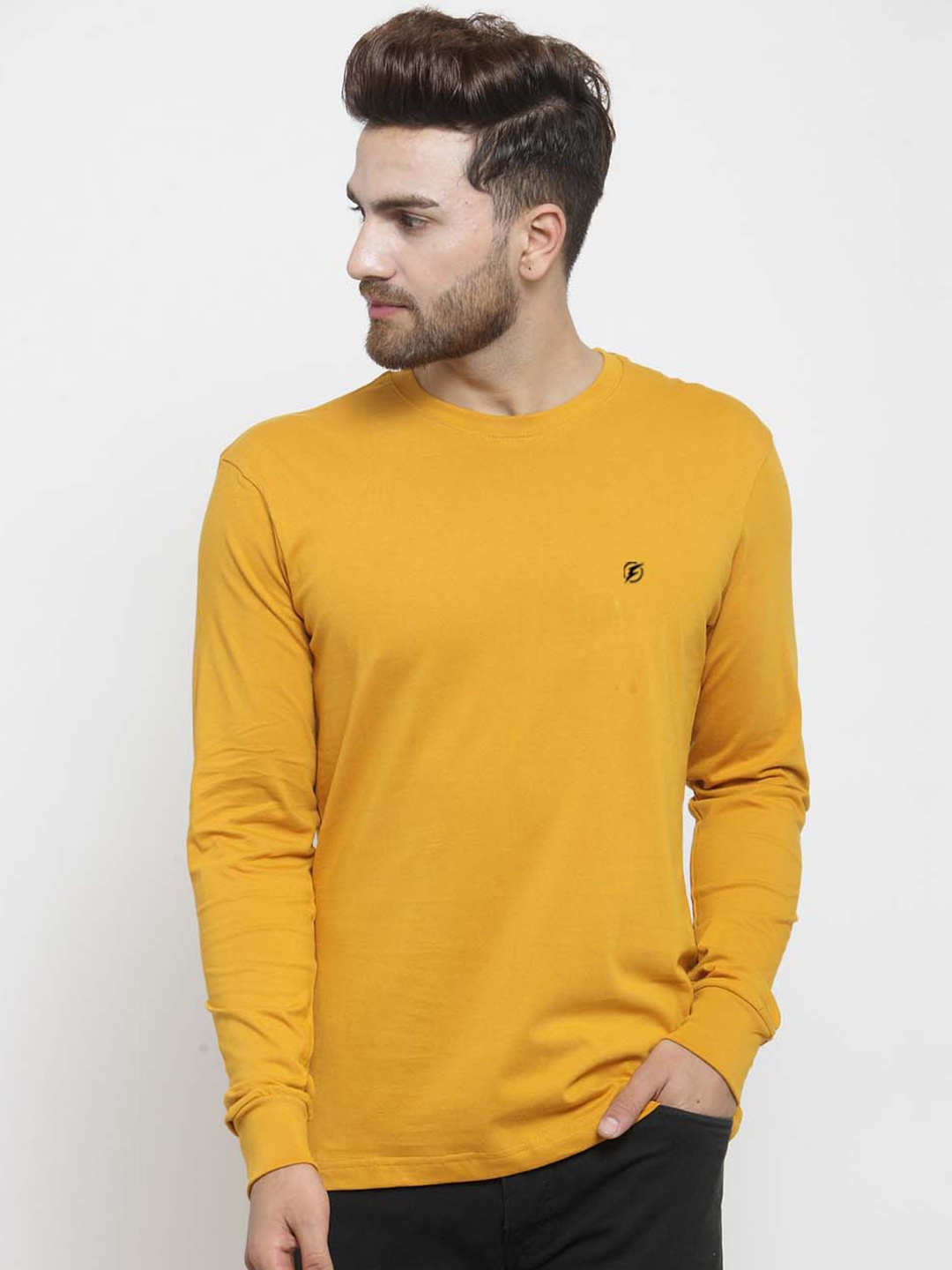 

Friskers Men Mustard Yellow Solid Round Neck Pure Cotton T-shirt