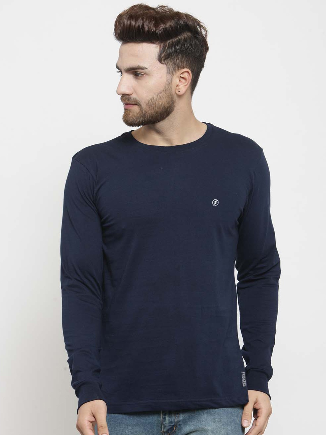 

Friskers Men Navy Blue Solid Round Neck Pure Cotton T-shirt