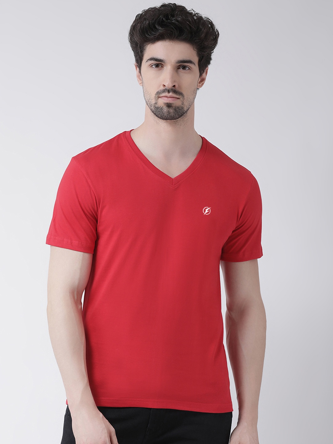 

Friskers Men Red Solid V-Neck Pure Cotton T-shirt