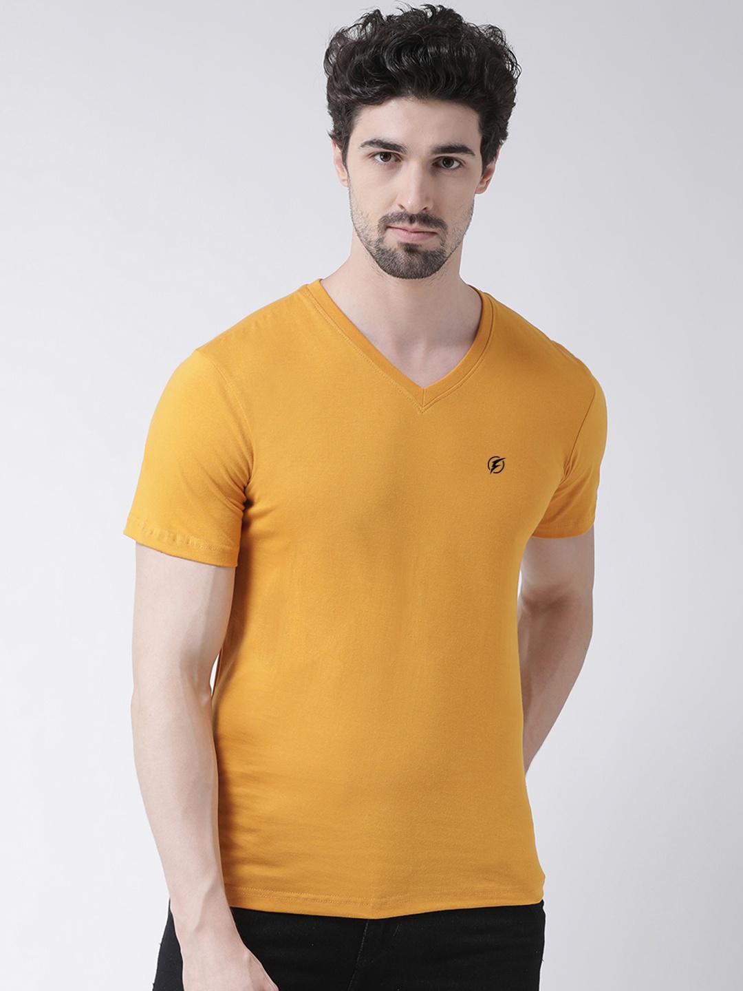 

Friskers Men Mustard Yellow Solid V-Neck Pure Cotton T-shirt