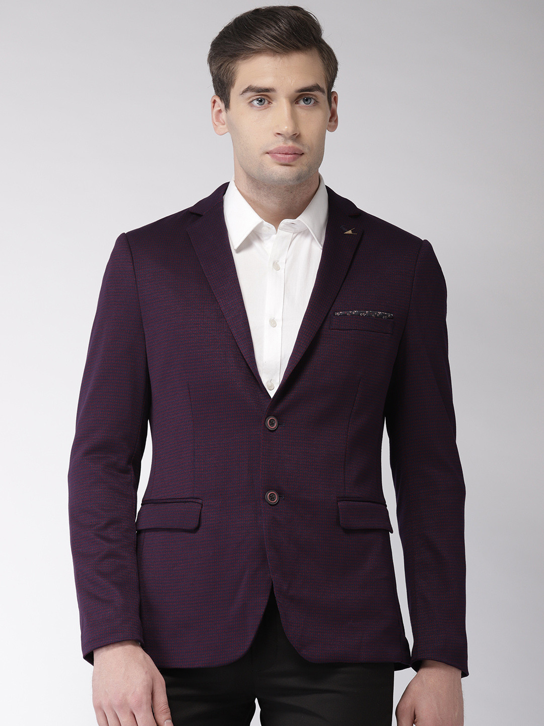 

Arrow Men Maroon & Navy Self Design Single-Breasted Zero Calorie Fit Formal Blazer