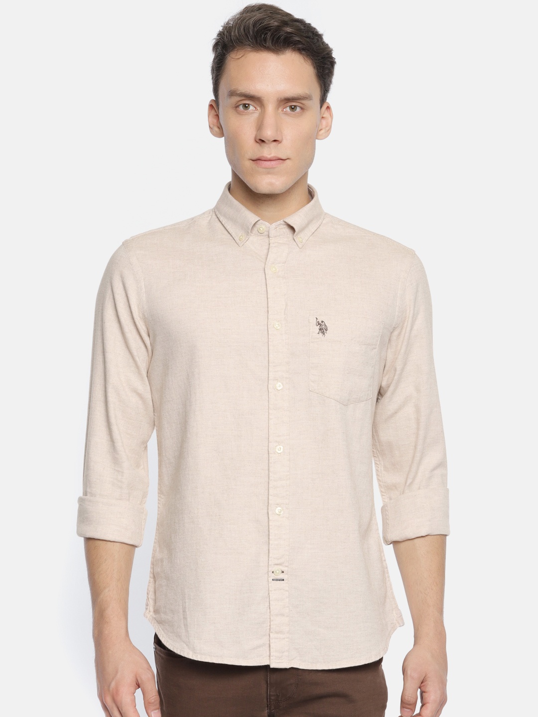 

U.S. Polo Assn. Men Beige Tailored Fit Self Design Casual Shirt