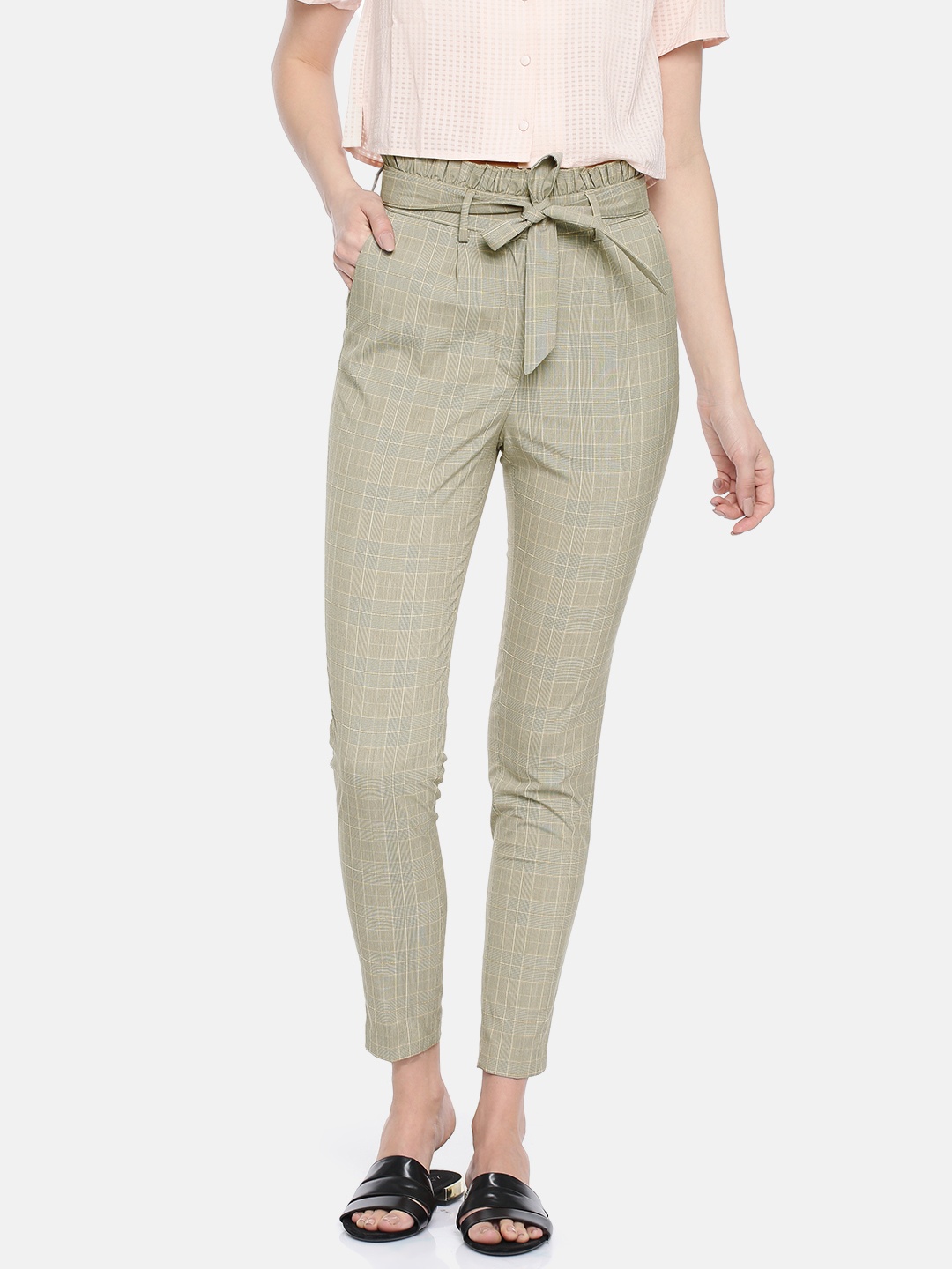

Park Avenue Woman Beige & Yellow Tapered Fit Checked Regular Trousers