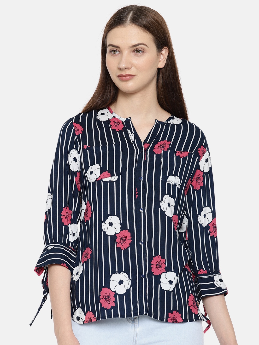 

Park Avenue Women Navy Blue Striped Shirt Style Top