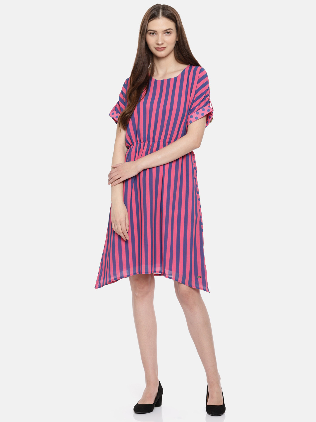 

Park Avenue Woman Women Pink & Navy Blue Striped A-Line Dress