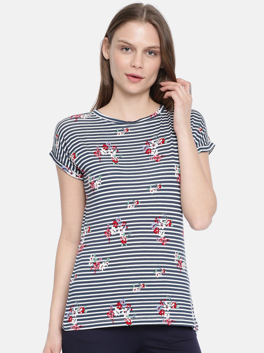 

Park Avenue Woman Women Navy Blue & White Striped Round Neck T-shirt