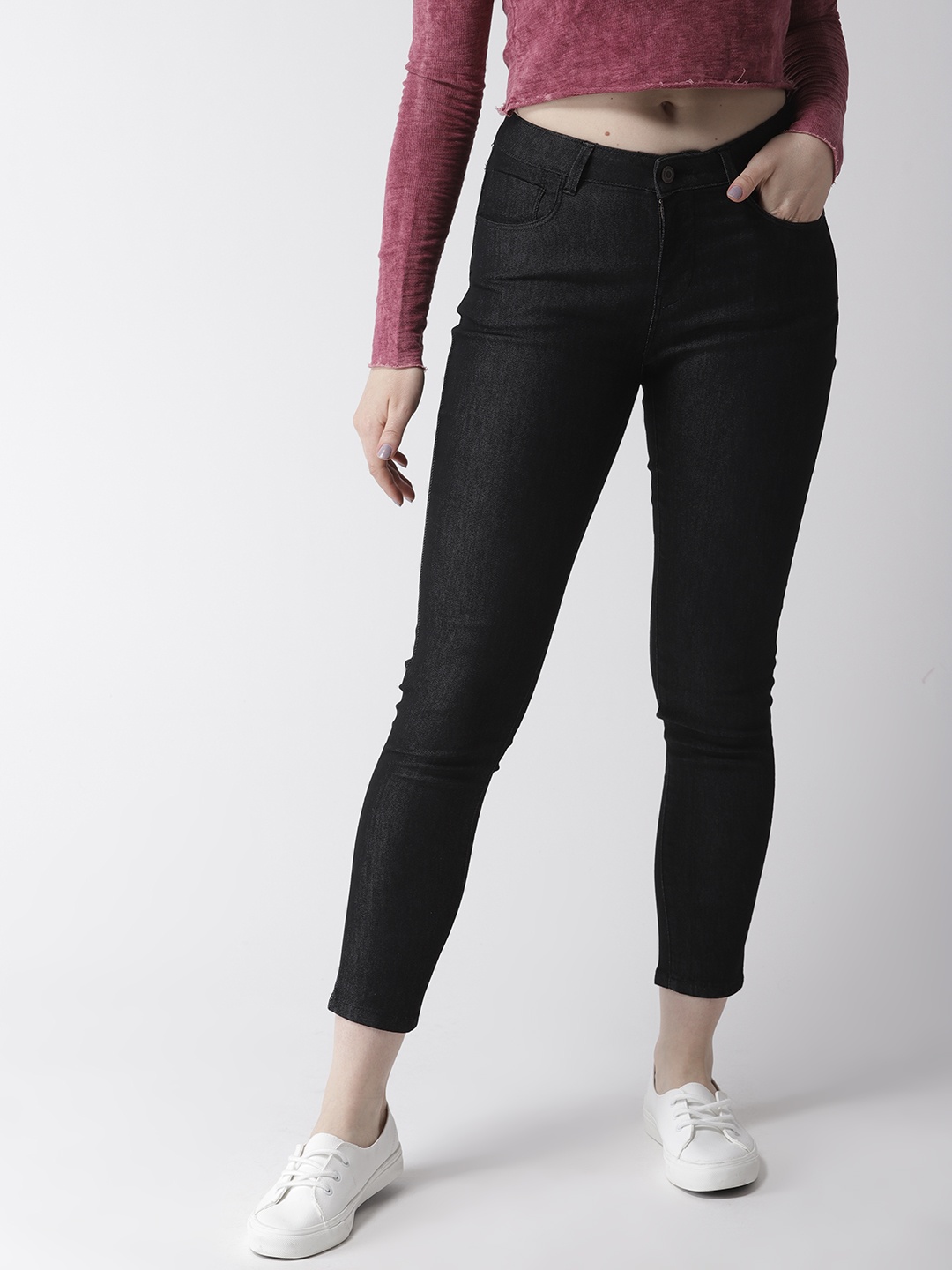

Flying Machine Women Black Skinny Fit Mid-Rise Clean Look Stretchable Cropped Jeans