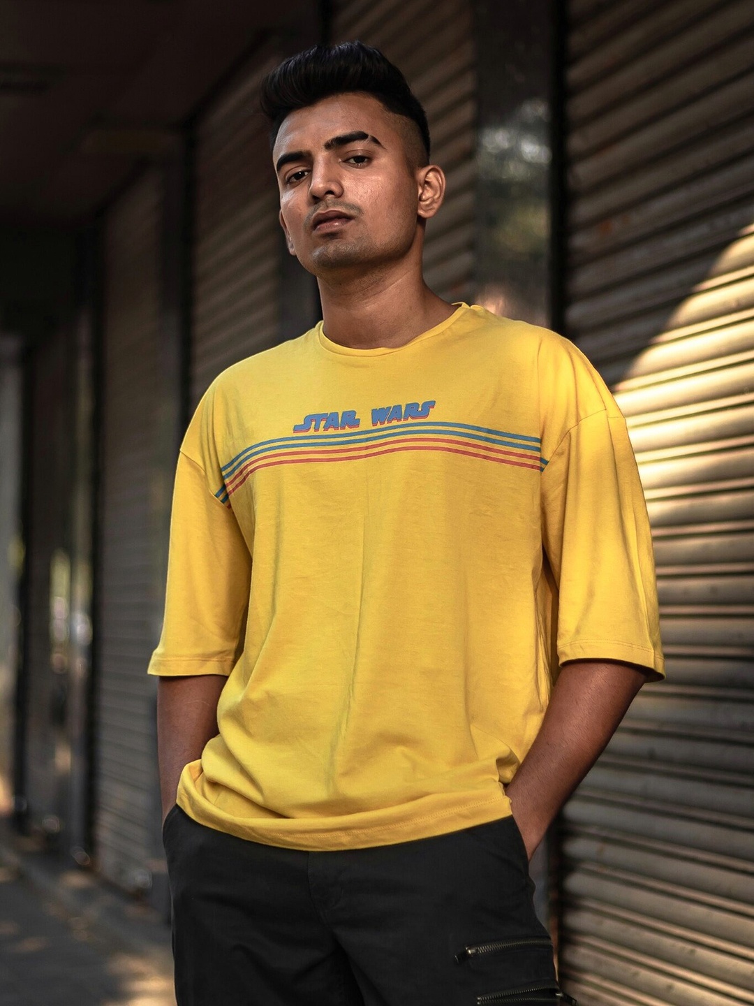 

Kook N Keech Star Wars Men Mustard Yellow Printed Round Neck Longline Pure Cotton Oversized T-shirt