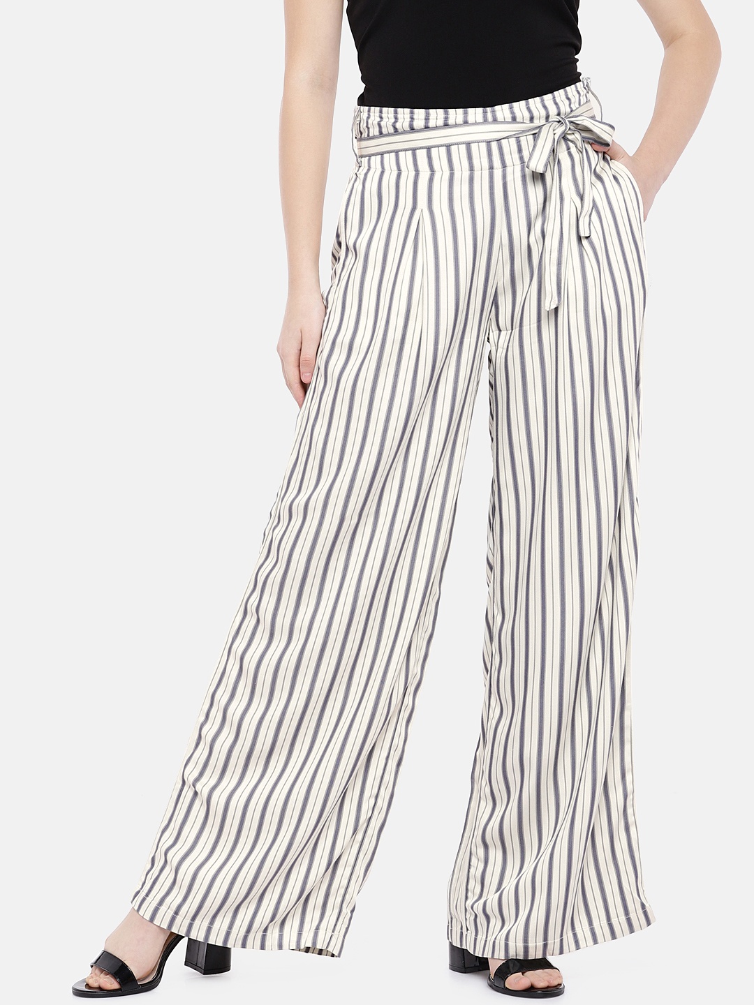 

U.S. Polo Assn. Women Women Off-White & Charcoal Flared Striped Parallel Trousers