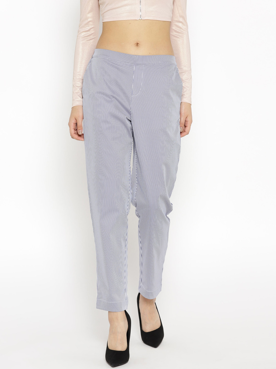 

U.S. Polo Assn. Women White & Navy Blue Regular Fit Striped Trousers